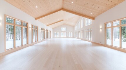 Modern wooden house interior, large windows, snowy forest view
