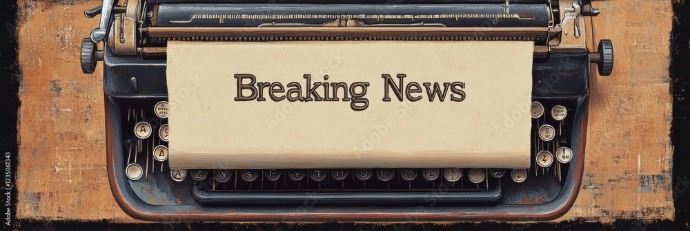 Aufkleber Vintage typewriter displaying bold Breaking News text on a blank sheet of paper with rustic background details. Generative AI