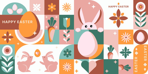 Modern abstract Easter banner illustration with bunny, eggs, floral elements in a geometric pastel design.Easter cards, social media, website banners, printable decorations, gift wrapping.Vector