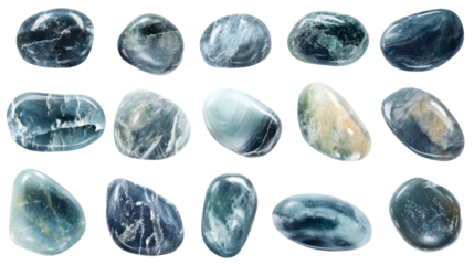 Polished apatite mineral gemstones isolated on transparent background
