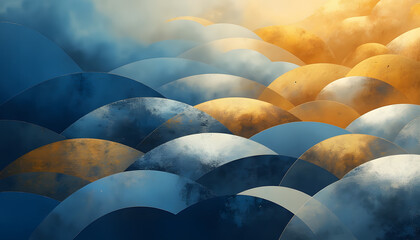 Fototapeta premium Abstract waves in blue and gold tones with textured surfaces