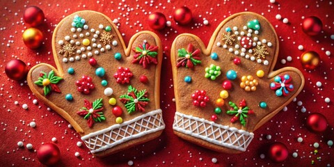 Obraz premium Gingerbread Mittens Decorated with Colorful Icing and Sprinkles on a Red Background