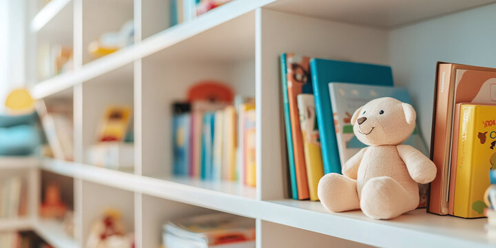 A cozy shelf filled with colorful books and a soft teddy bear creates a warm, child-friendly space that inspires learning and imagination.