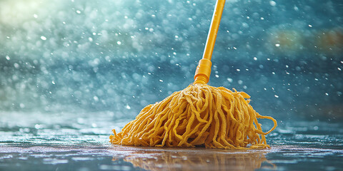  A yellow mop on a wet reflective surface under bright artificial light captures the process of cleaning in an industrial or professional setting.