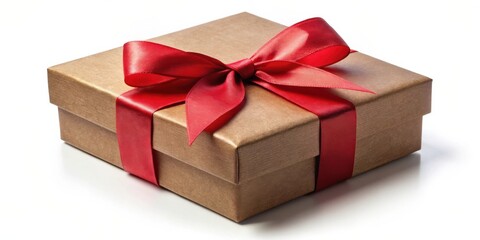 Obraz premium A brown gift box tied with a festive red satin ribbon, a symbol of celebration and thoughtful gestures.