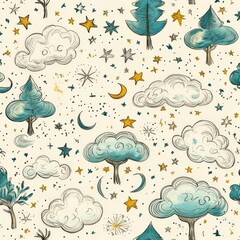 Pattern featuring whimsical trees, clouds, and stars design