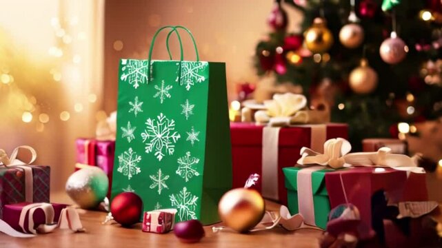 Christmas shopping paper bag with a snowflake design, Christmas ornaments and gifts, festive holiday setting, Holiday shopping, created with generative ai