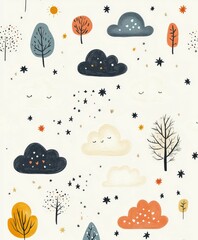 Illustrative pattern of clouds and trees in pastel colors