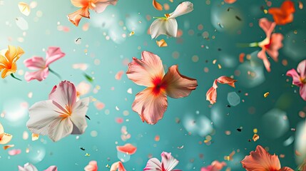 Naklejka premium Bright flowers floating in the air on a blue background.