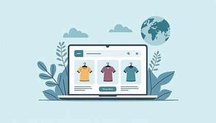 Minimalist infographic design of online store homepage with Shop Now button and product images on blue background