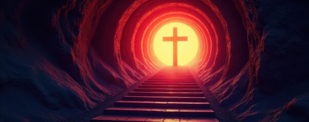 Bright cross of light at tunnel's end, stairs leading upwards , faith, ray