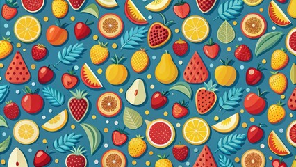 Naklejka premium A vibrant pattern of assorted fruits and leaves, creating a cheerful and delicious visual feast.