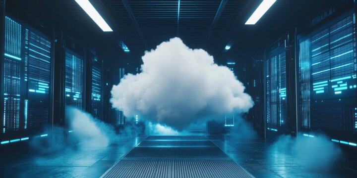 Cloud Computing Data Center: Futuristic Server Room with a Cloud