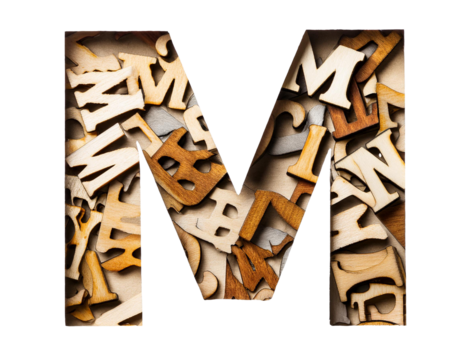 Letter m lettering with many letters isolated on a white background, cut out