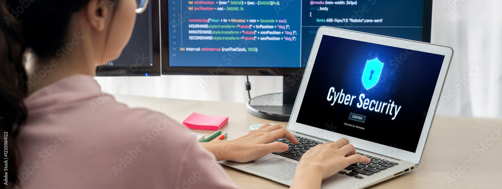 Poster cyber security system on computer screen protect private information brisk from hacker and cyber att