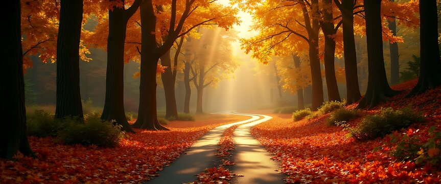 Road  with sun rays  in  firest Autumn  -  landscape