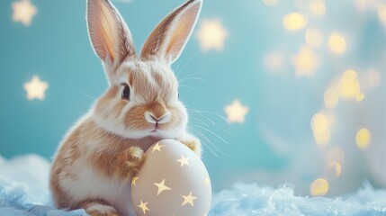 cute bunny with a egg painted with stars, easter concept 