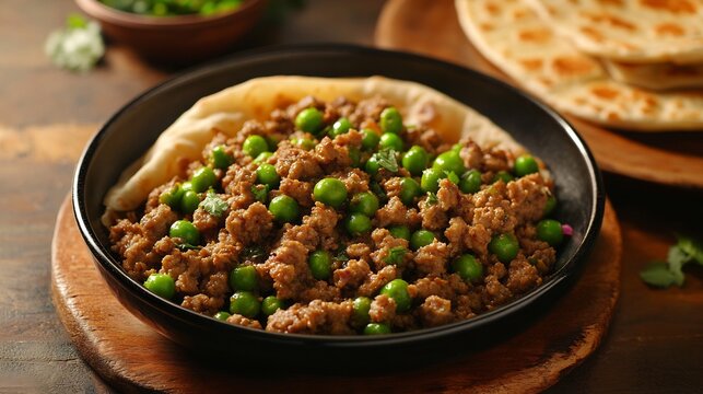 Serving of flavorful desi keema matar minced lamb and peas served with paratha