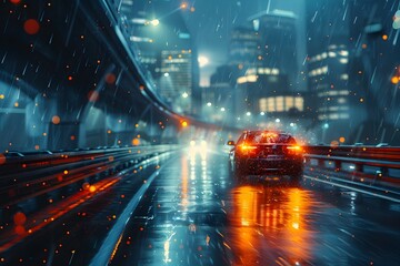 Dramatic Blurred Cityscape of Highway Overpass at Night With Rainy Illumination