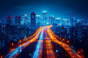 Obraz premium Blurred Motion of Highway Overpass at Illuminated Cityscape at Night