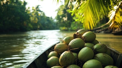 River coconuts transport, lush green backdrop