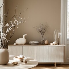 high-class modern easter buffet, beige pastel colors