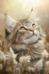 Cat gazing curiously in a field of tall grass