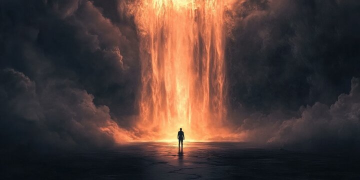 Surreal image of a figure standing before a fiery waterfall, evoking themes of transformation and enlightenment. Suitable for fantasy and inspirational contexts.