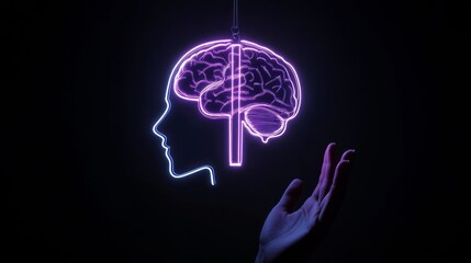 AI concept featuring an electronic brain A neon human head silhouette with artificial intelligence hovers over a hand representing cybernetic neural networks and deep machine learning