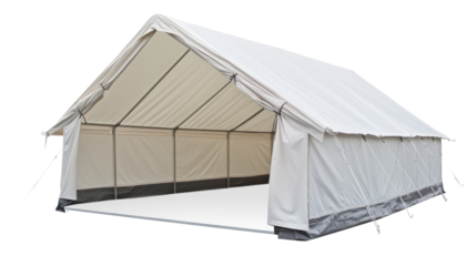 Large white canvas tent open showing interior on transparent background