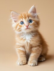 Obraz premium Cute ginger kitten with blue eyes sitting against beige backdrop