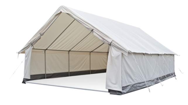 Large white canvas tent open showing interior on transparent background