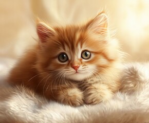 Cute orange kitten resting on soft blanket with big eyes