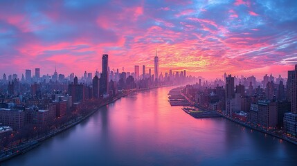 Fototapeta premium Pink Sunrise Over Manhattan Skyline River View