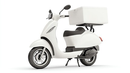 Obraz premium A modern white delivery scooter with a large storage box, ideal for urban logistics. Perfect for food delivery or courier services, offering convenience and efficiency.