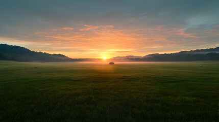 Sunrise over misty field, lone hay bale, peaceful landscape