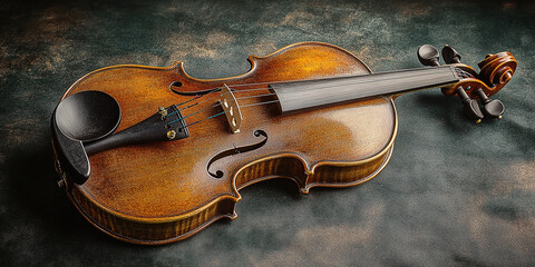 Fototapeta premium A beautifully crafted violin lies on a textured surface, showcasing its intricate woodwork, elegant curves, and polished finish, symbolizing musical artistry.