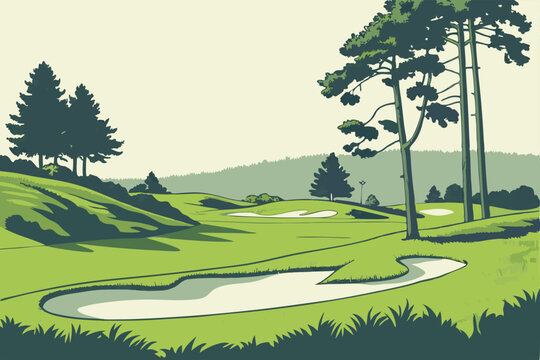 golf course, rolling green hills, sand bunker, manicured lawn, pine trees, serene landscape, vibrant colors, clear sky, minimalist design, smooth curves, pristine condition, tranquil atmosphere, sport