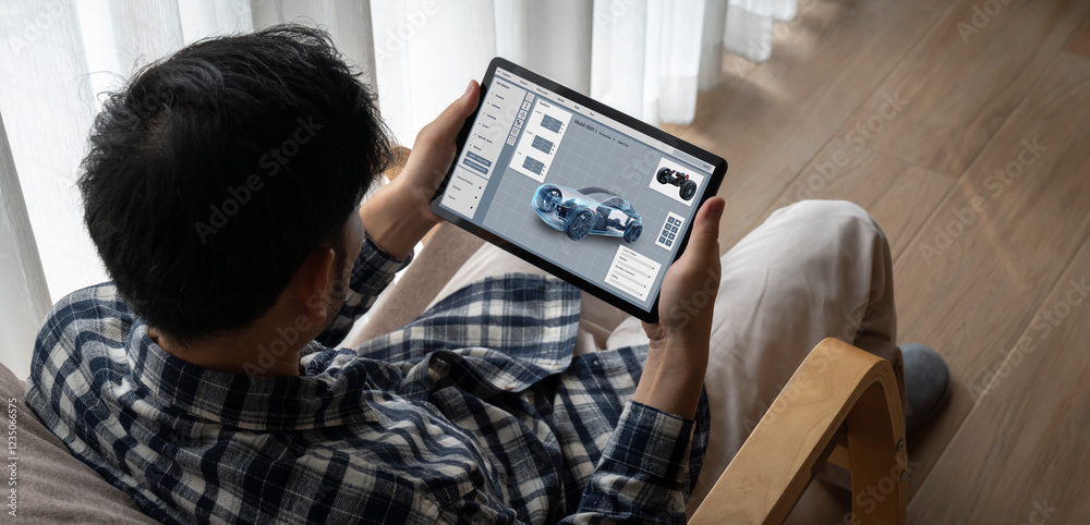 Poster electric car design software on computer screen showing simulation blueprint snugly by digital calcu