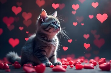 postcard with a cute gray kitten sitting among many red and pink hearts