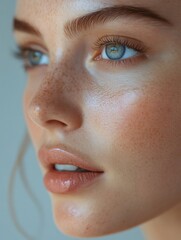 Naklejka premium Beauty portrait of freckled model showing perfect skin and makeup