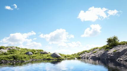 Obraz premium A serene landscape featuring a calm water body, surrounded by green grass and rocks under a bright blue sky with fluffy white clouds.