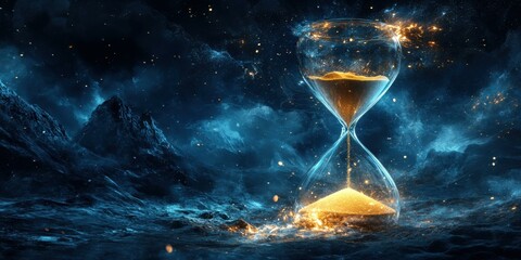 A mesmerizing hourglass in a cosmic setting, symbolizing the passage of time, suitable for concepts of time management, science fiction, and philosophical themes.