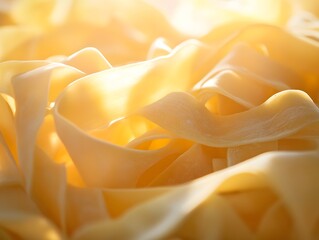 Pappardelle pasta covered in a rich. Close-up of fresh pasta ribbon strands glowing in soft light