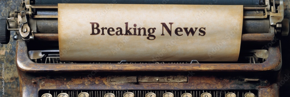 Poster vintage typewriter displays bold breaking news headline on blank sheet of paper in a classic setting