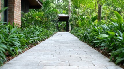 Obraz premium Tropical garden path leading to pavilion