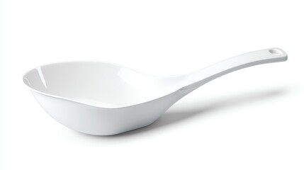 A sleek, modern white porcelain ladle designed for serving soups and sauces, showcased against a bright white isolated background to emphasize its elegant shape.