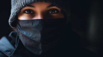 Naklejka premium A person in a beanie and face mask gazes intensely, embodying resilience and caution, with a compelling focus on the eyes.