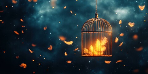A captivating image of a glowing birdcage surrounded by floating feathers, suitable for themes of freedom and confinement.