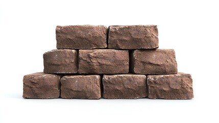 Obraz premium A stacked arrangement of clay bricks featuring a textured surface, showcasing their natural earthy tones against a white isolated background.